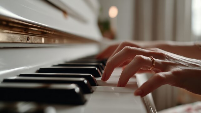 Close-up of a person's hands playing a grand piano with focus on fingers and keys, in a bright room with natural light and blurred background