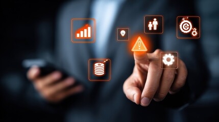 Modern business technology interface with data analytics security icons and human touch control in a futuristic digital environment