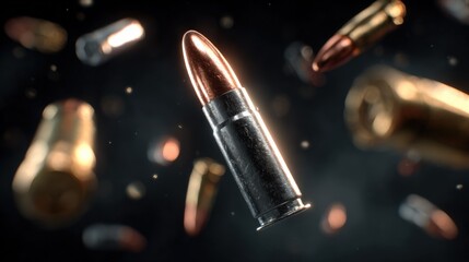 Close-up shot of a single copper-coloet cartridge with metallic casing and pointed tip surrounded by similar ammunition on dark background