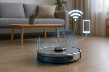 Obraz premium Smart Home Automation, Robotic Vacuum Technology, IoT Device Integration, Futuristic Cleaning Solution, Intelligent Home Management
