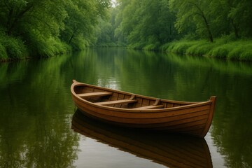 Peaceful wooden boat floating on tranquil river waters surrounded by natural scenery creating serene aquatic landscape