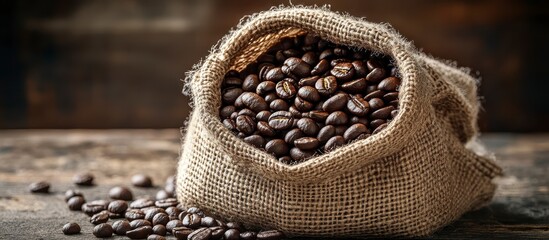 Freshly Roasted Coffee Beans in Rustic Burlap Bag on Wooden Surface