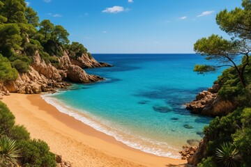 Obraz premium Pristine Mediterranean coastline with crystal clear turquoise waters and white sandy beach creating paradise vacation destination