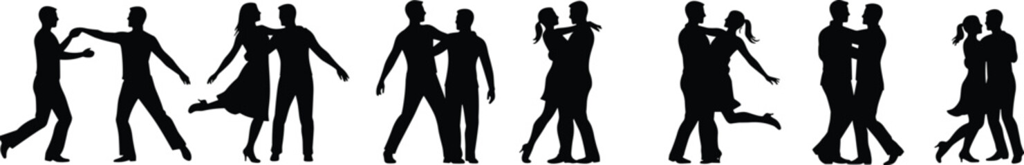 Couple dancing silhouette, romantic dance poses, ballroom dancers, tango steps, partner dance moves, love, passion, black and white illustration