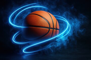 Professional sports basketball with vibrant blue neon lighting effects and dramatic smoke atmosphere on dark background