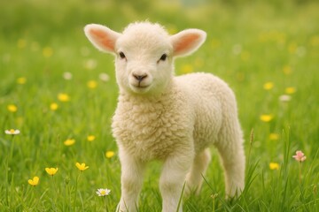 Obraz premium Adorable Young Lamb in Pastoral Spring Meadow Setting