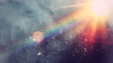 Obraz premium Ethereal and evocative image featuring a faded light leak texture with a vibrant rainbow flare creating a vintage nostalgic photography effect enhanced by a speckled paper grain overlay