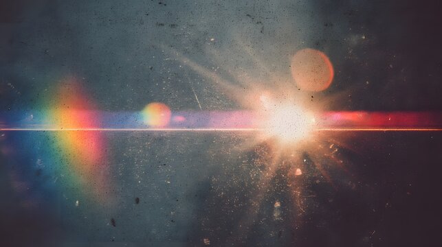 A captivating abstract image featuring a faded light leak texture with a mesmerizing rainbow flare creating a vintage photography effect with a speckled paper grain overlay - Powered by Adobe
