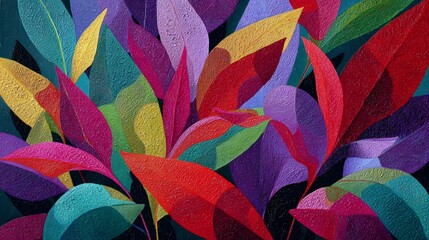 Vivid abstract painting of stylized colorful tropical leaves in a dynamic floral composition with textured oil paint on canvas