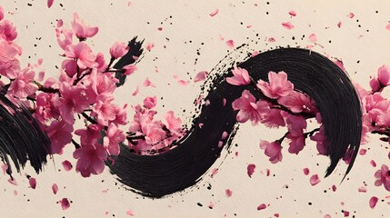 Dynamic abstract composition with elegant curved black brushstrokes and vibrant pink flowers blossoming against a delicate pastel colored backdrop