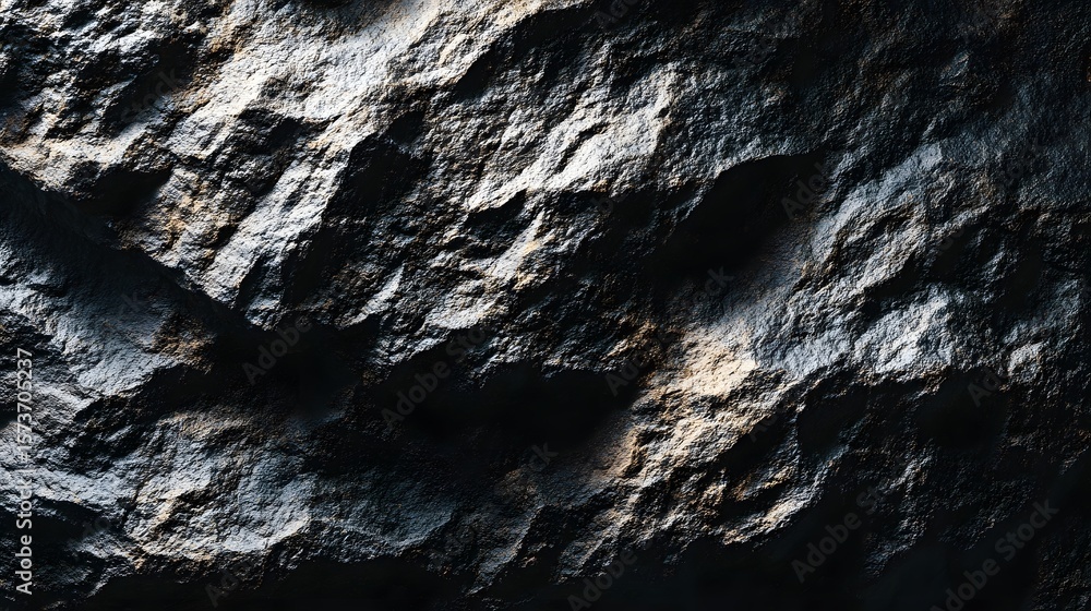 Poster close up of a rugged textured surface of black basalt rock showcasing dramatic lighting and shadow p