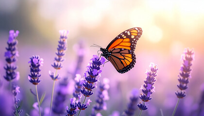 Obraz premium Monarch butterfly perched on lavender flowers, with soft pastel sunlight glow.