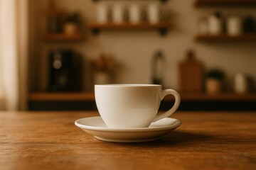 Obraz premium Morning Ritual: A simple white teacup sits elegantly on a matching saucer atop a warm wooden surface, evoking a sense of calm and inviting contemplation against the backdrop of a cozy kitchen.