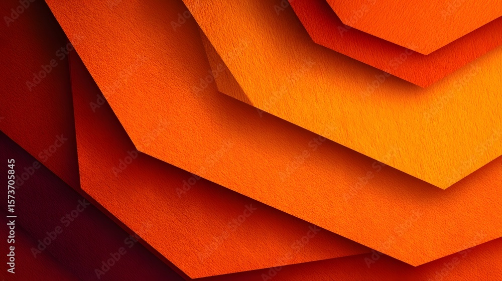 Poster striking abstract composition featuring a dynamic gradient of layered orange polygons in a modern 3d