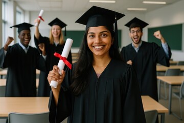 Successful Indian Female Graduate with Diverse Classmates in Modern University Classroom Environment
