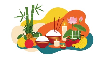 Tet holiday celebration with fruits flowers and offerings