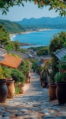 Serene Coastal Pathway Through Traditional Village with Ocean View