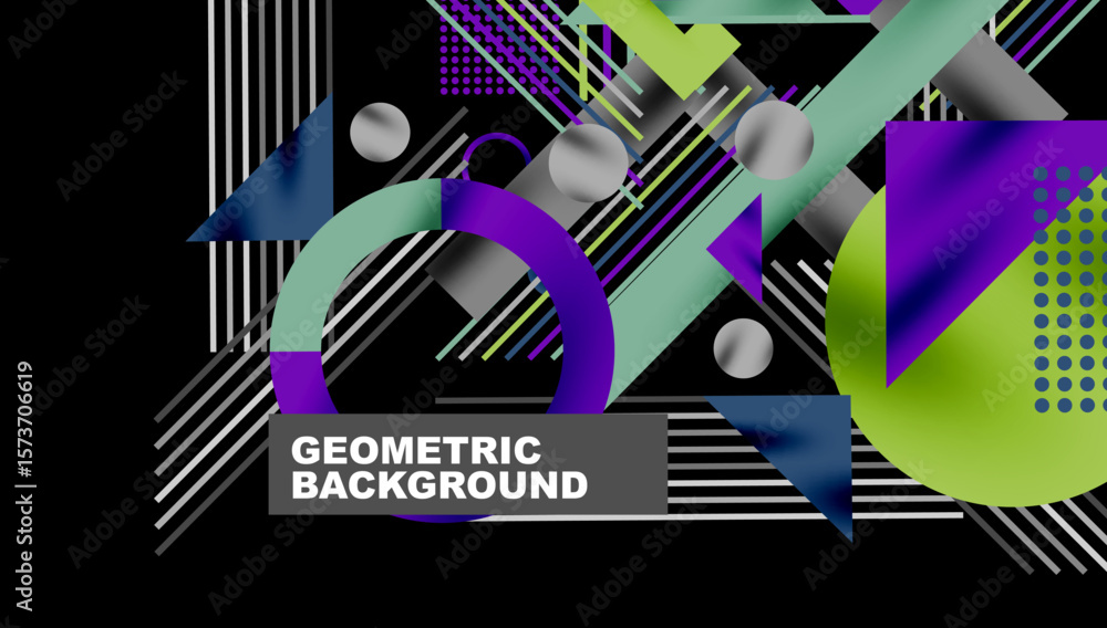 Poster abstract geometric composition. shapes overlap, creating dynamic visual effect. colors include purpl