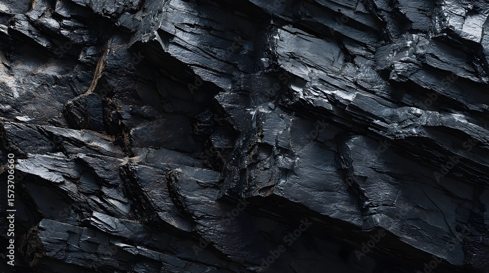 Poster dramatic and textured surface of dark charcoal rock layers resembling aged and weathered slate forma