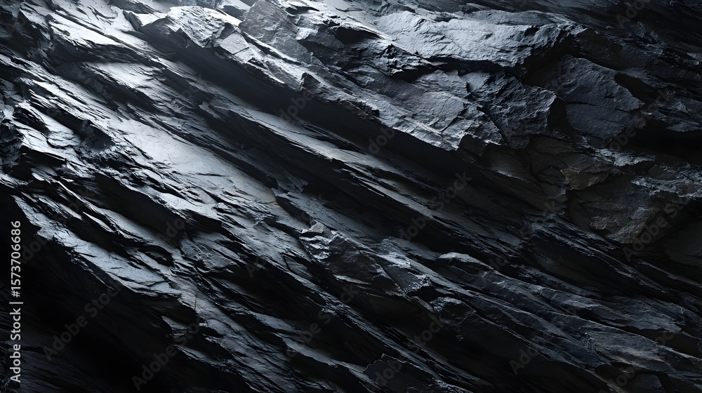 Poster dramatic moody image of a dark charcoal colored rock surface with a layered slate like texture and d