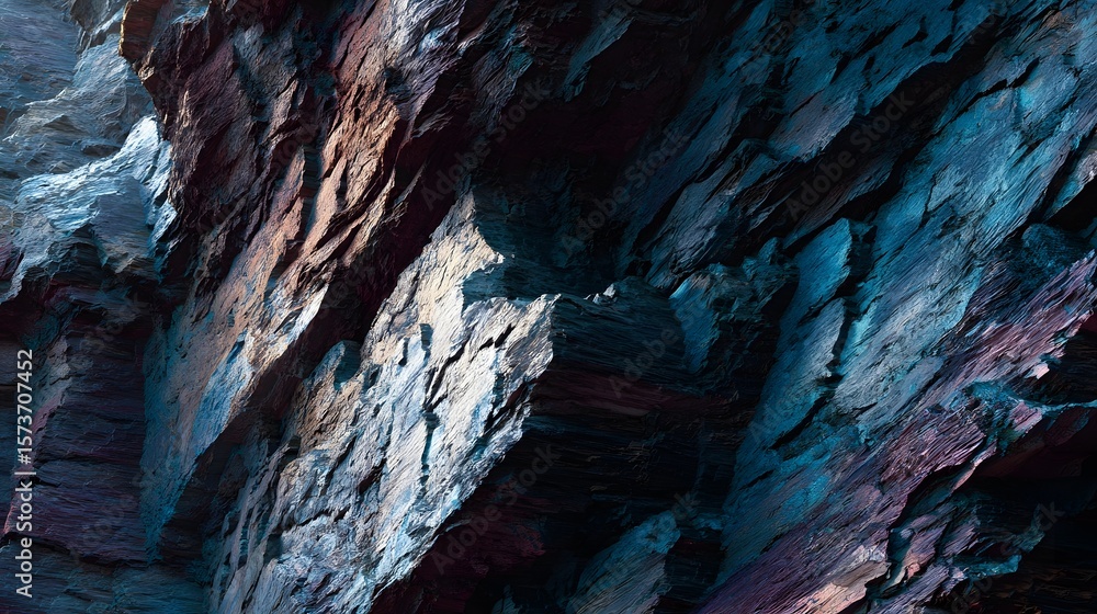 Poster captivating image of a rugged layered rock face composed of dark textured obsidian with a craggy int