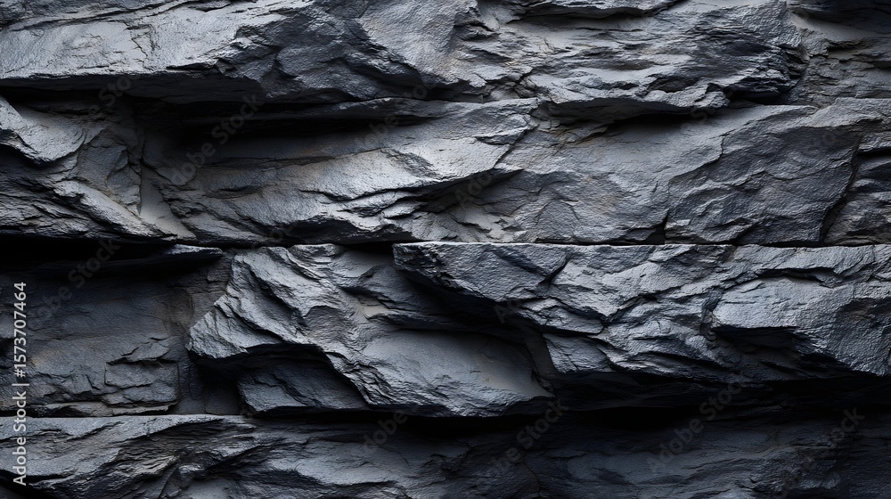 Poster close up view of a rough layered gray mineral rock wall texture with soft shadows and a matte natura