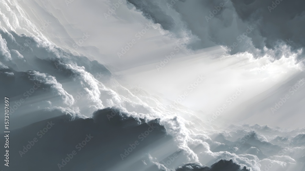 Poster a moody grayscale background featuring a stormy overcast sky with wispy ethereal clouds and soft dif