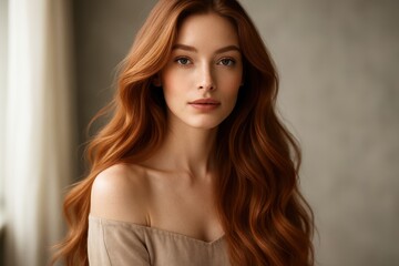 Fototapeta premium Elegant Woman with Flowing Auburn Hair in Natural Light