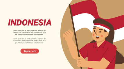 Young boy wearing headband and holding Indonesian flag for Independence Day greeting poster
