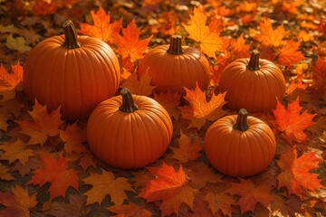 Autumn harvest display with orange pumpkins and colorful fall foliage in golden sunlight