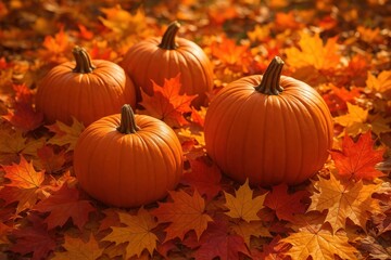 Autumn harvest display with orange pumpkins and colorful fall foliage in golden sunlight