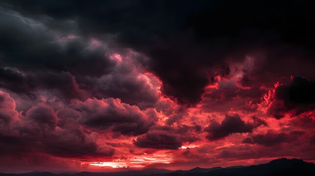 A captivating and atmospheric landscape featuring a dramatic crimson storm cloudscape with a glowing red sky dark foreboding clouds and moody