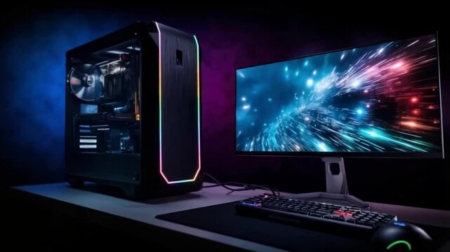 RGB-lit gaming PC setup with ultra-wide monitor and peripherals