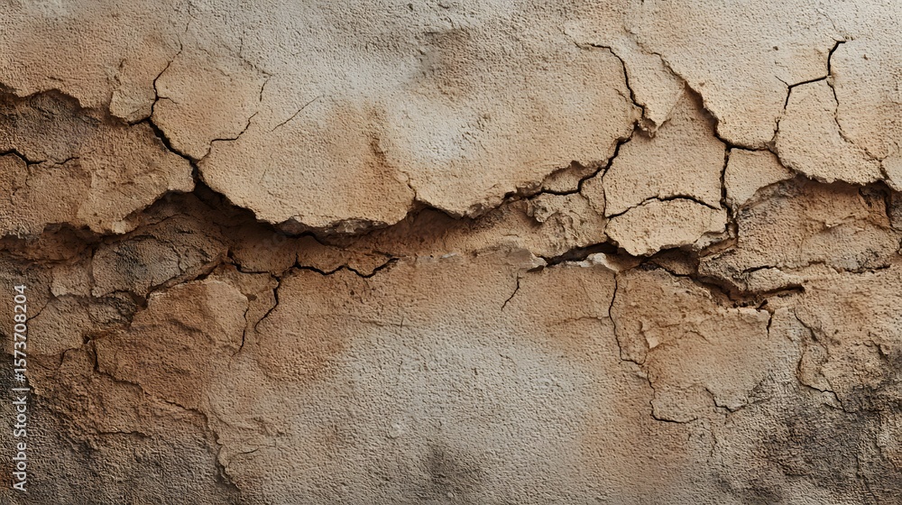 Poster close up of an aged and weathered plaster wall surface featuring intricate cracked patterns with a s