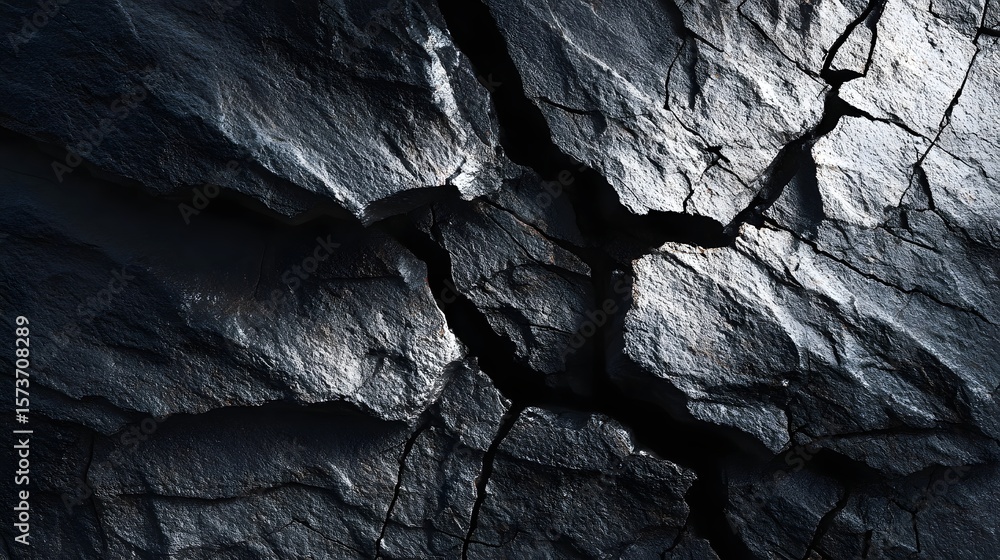Poster rugged and textured black shale rock surface with distinct layering and deep cracks creating dramati