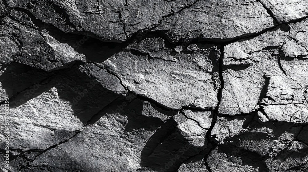 Poster closeup of a rugged layered stone surface with a network of deep cracks and dramatic shadows creatin