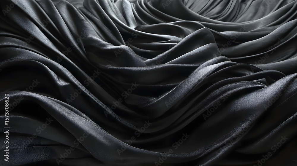 Poster captivating image of smooth draped black silk fabric with striking wave like folds and a high gloss 