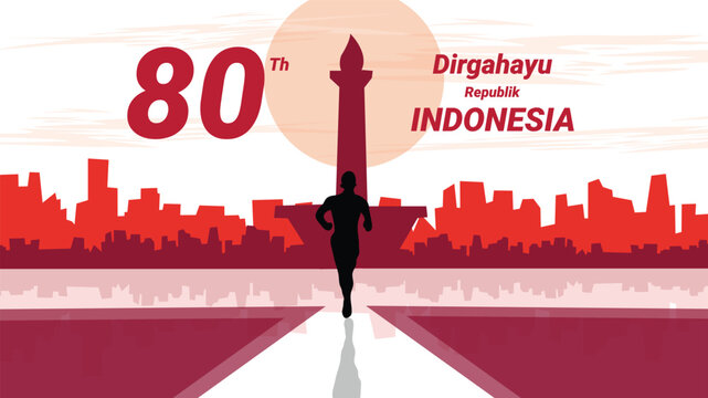 Runner silhouette with Jakarta Monas Monument and city skyline celebrating Indonesia Independence - Powered by Adobe