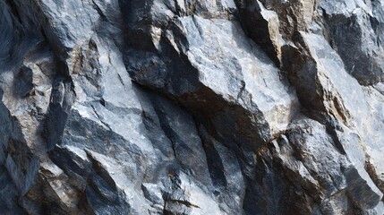 A detailed close up view of a natural gray granite rock face showcasing its rough uneven edges and the visible mineral formations within the stone all captured under lighting conditions