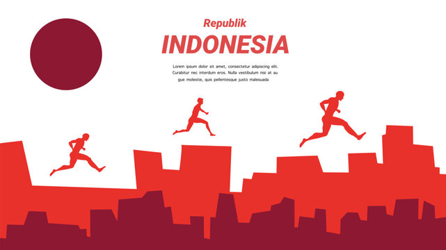 Running people jumping with city silhouette background for Indonesia Independence Day celebration