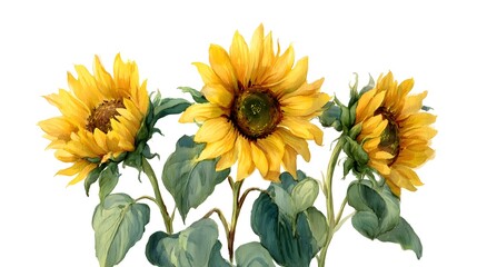 Fototapeta premium Bright and cheerful watercolor featuring a vibrant display of sunflowers with lush green stems and leaves against a transparent background