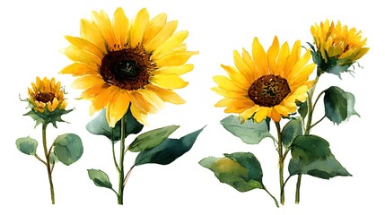 Obraz premium Bright and cheerful watercolor depicting a vibrant display of sunflowers with their warm yellow petals and green foliage against a transparent background