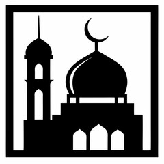 Silhouette Design of Mosque Architecture with Minaret and Crescent Moon Symbol