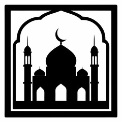 Silhouette Design of Mosque Architecture with Minaret and Crescent Moon Symbol