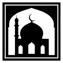 Silhouette Design of Mosque Architecture with Minaret and Crescent Moon Symbol