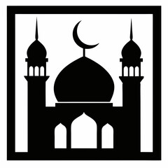 Silhouette Design of Mosque Architecture with Minaret and Crescent Moon Symbol