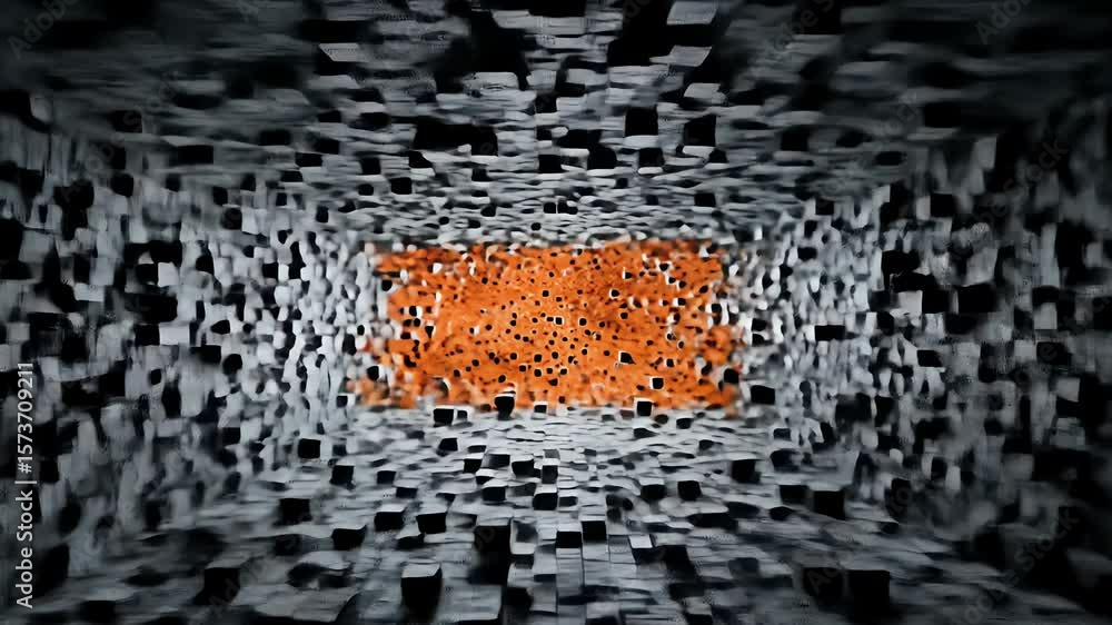 Sticker dark 3d cubical tunnel with an orange focus point in the middle of the structure