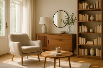 Fototapeta premium Cozy contemporary living room interior with elegant furniture and warm home design aesthetic