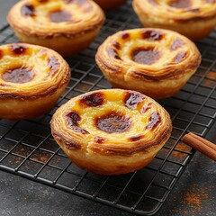  Freshly baked Portuguese Pastel de Nata, with a caramelized top and creamy custard filling, presented on a rustic cooling rack with a dusting of cinnamon,