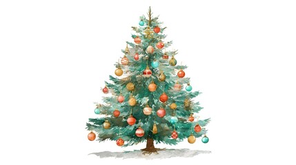 Fototapeta premium A hand painted watercolor of a lush festive Christmas tree decorated with a variety of vibrant shimmering ornaments against a transparent background